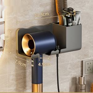 TEMU 무타공 접착식 편리한 기스방지 알루미늄 심플 드라이기 거치대 수납 선반 회색