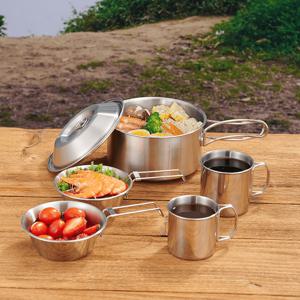 TEMU 피크닉 및 그릴용 스테인리스 스틸 조리기구 세트, 머그컵, 냄비, 그릇, 식기류 및 주방 필수품 포함, 접이식 및 중첩 가능한 휴대용 캠핑 조리도구 키트 5개코펠세트/캠핑식기세트/캠핑용품/캠핑 코펠 세트 2-3인용