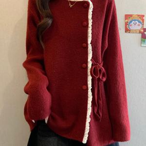 TEMU 플러스 사이즈 여성용 레드 소프트 왁스 레이스업 스웨터 허리 슬리밍 탑