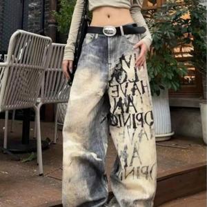 TEMU 여성용 데님 팬츠, 봄 시즌 준비 완료, 아메리칸 스트릿 스타일, 와이드 레그 청바지, 빈티지 알파벳 프린트, 오버사이즈, 하이웨이스트, 캐주얼, 스타일링 용이, 일상복, 학교, 데이트, 외출에 적합, 패셔너블, 코디 용이, 여성 하의.