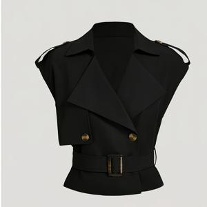 TEMU 블랙 라펠 타이 숏 트렌치 코트, 빈티지 재킷, 웨어