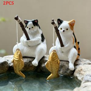 TEMU 수족관을 위한 실내 어항을 위한 물의 특징을 모방하여 전시할 수 있도록 설계된 주택, 사무실 또는 라운지용 장식품으로 사용할 수 있는 낚시 고양이 피규어 한 쌍