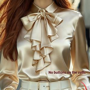 TEMU 여성용 우아한 리본 셔츠 칼라 로터스 레이스 블라우스 탑