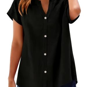 TEMU 여성용 우아한 패션 반팔 V넥 버튼 기본 셔츠, 캐주얼하고 스타일리시함