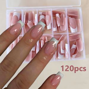 TEMU 120개 화이트 핑크 프레스온 네일 사각 모양 중간 길이 광택 끝 단색 인조 손발 네일, 살롱 퀄리티 간편 부착, 귀여운 네일, 뷰티 추가, 매끄러운 표면 네일
