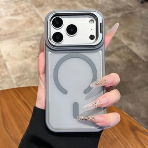 TEMU 휴대폰 케이스 - 고급스러운 코스믹 오렌지 반투명 무광 마그네틱 브래킷 휴대폰 케이스, 아이폰 17 Pro Max Air 16 15 14 13 12 11 Pro Max Plus 호환, 마그네틱 무선 충전 17 Promax 케이스, 스킨 피엘 메탈 렌즈 홀더 충격 방지 백 커버