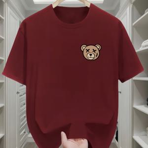 TEMU 남성용 100% 폴리에스터 티셔츠, 다용도 캐주얼 베이스 레이어, 귀여운 곰돌이 디자인의 편안한 스포츠 상의