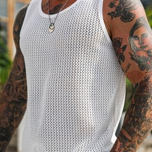 TEMU 남성용 솔리드 컬러 라운드넥 홀로우 니트 자카드 조끼, 캐주얼 여름 웨어