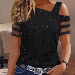 TEMU 바캉스 휴가 캐주얼 스팽글 티셔츠, 여성용 우아한 블랙 반팔 티셔츠 탑, 투명 메쉬 스티칭 티셔츠, 여성용 반팔 티셔츠 (모든 계절에 적합)