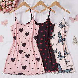 TEMU 하트 프린트와 얇은 스트랩이 있는 여성용 캐주얼하고 편안한 잠옷 드레스 3종 세트