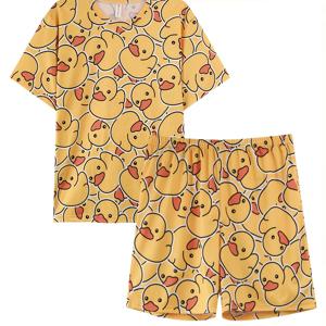 TEMU 남성용 홈웨어 신상 고퀄리티 귀여운 오리 프린트 세트 반팔 신축성 허리 반바지 파자마 야외 착용 가능 봄/가을 스타일 캐주얼 라운지웨어 봄/여름 사계절 파자마 세트