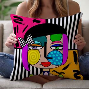 TEMU 2D 평면, 모자와 리본을 쓴 소녀가 그려진 스타일리시한 추상 미술 베개 커버 1개, 18x18인치. 소파, 안락의자, 침대용으로 특별 디자인된 프린트 폴리에스터 쿠션 커버. 베개 속통 미포함, 2D 평면