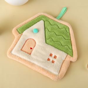 TEMU 코랄 플리스 소재의 귀여운 만화 하우스 모양 핸드 타월, 두껍고 흡수성이 좋으며 걸이형으로 사용 가능, 주방 및 욕실 장식에 적합
