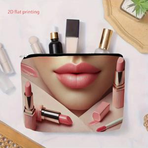 TEMU 1개 2D 프린팅 피치핑크 립 디자인 화장품 파우치, 휴대용 지퍼 메이크업 정리함, 다기능 재사용 가능, 여성용 화장품 파우치, 여행 필수품, 엄마나 여자친구를 위한 완벽한 크리스마스 또는 새해 선물, 2D F