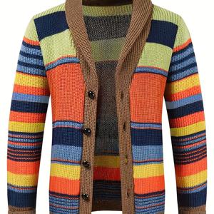 TEMU 남성 캐주얼 스포츠 스웨터, 컬러 블록 디자인 맨드린 칼라 싱글 브레스트 버튼, 헴 엣지 루즈핏, 클리어 니트 텍스처, 레트로 트렌디 스타일