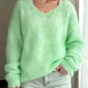 TEMU 여성용 소프트 V넥 풀오버 스웨터 | 캐주얼 롱슬리브 탑, 아이릿 디테일, 봄/가을용 라이트 루즈핏, 여성용 편안한 핏 스웨터