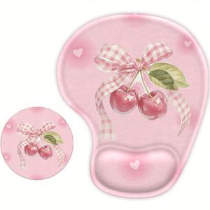 TEMU 1세트, 인체공학적 손목 받침대 마우스 패드, 컵홀더 세트 포함, 체리 패턴, 손목 지지대 마우스 패드, 손목 지지대, 미끄럼 방지 베이스, 편안한 타이핑, 사무실용으로 적합