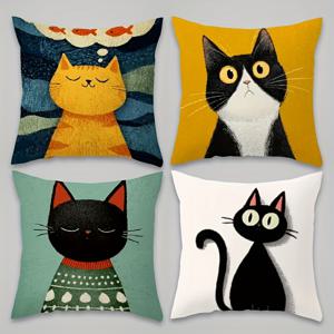 TEMU 귀여운 카툰 고양이 스타일 베개커버 4개 세트, 힐링과 사랑스러운 홈 분위기 연출, 홈 데코레이션에 적합. 사각형 패셔너블 베개커버는 세탁기 사용 가능, 지퍼형, 베개솜 미포함