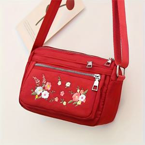 TEMU 가벼운 나일론 크로스바디 백, 조절 가능한 스트랩 & 자수 디자인 - 캐주얼, 오피스, 쇼핑에 적합한 시골 스타일 핸드백 - ///, 지퍼 클로저