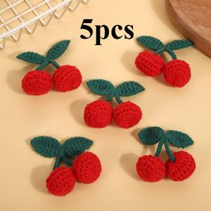 TEMU 5개 손뜨개 천 체리 아플리케, 수공예, 헤어 장식에 적합 - 장식용 코바늘 체리 장식품, 헤어 클립, 머리끈 및 수공예품에 적합