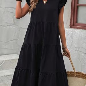 TEMU 러플 헴 V넥 루즈 드레스, 우아한 플러터 슬리브 드레스 봄 & 여름용, 여성 의류