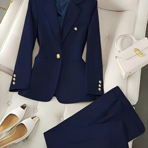 TEMU 여성용 캐주얼 웨스턴핏 단색 고급 양相当ボタン 수트 세트, 가을 직장인 출퇴근용 + 바지 2피스 세트