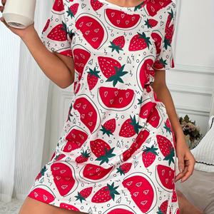 TEMU 여성용 딸기 프린트 슬립셔츠 드레스 - 부드러운 반팔 라운드넥 나이트가운, 세탁 가능한 사계절 라운지 드레스, 재미있는 과일 패턴이 있는 편안한 홈웨어, 기발한 잠옷, 움직임이 쉬운 여성용