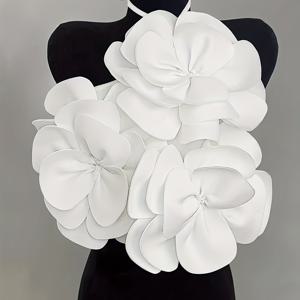 TEMU 여성용 섹시하고 우아한 데이 크리스크로스 홀터넥 민소매 탑 - 솔리드 화이트 플로랄 어플리케 리브 바디콘 X-쉐이프 스트레치 여름 저녁 데이트 셔츠, 데이 의상, 비투명 소재, 고신축성 원단