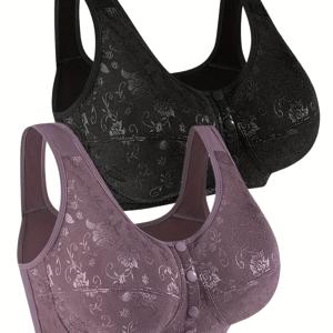 TEMU 2개 세트, 중년 및 노년 여성용 레이스 브라 (언더와이어 없음), 앞면 잠금, 얇고 지지력 있는 디자인, 어머니를 위해 설계, 패딩 없음으로 가볍고, 엄마와 할머니를 위한 착용하기 쉬운 브라, 약간의 지지력과 압박감 없음