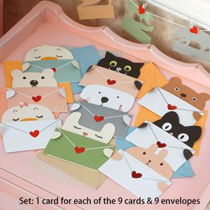 TEMU 18개 세트, 귀여운 만화 선물 카드, 접이식 봉투 인사말 카드, 휴일 축복, 귀여운 동물 엽서 감사 카드, 생일 파티 초대장 다용도 카드, 인사말 카드 디자인 9개, 각 1개 & 봉투 9개 포함