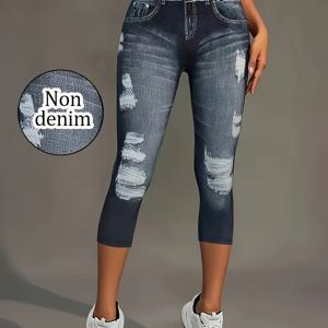 TEMU [프린팅 팬츠 - 데님 원단 아님] 여성용 하이스트레치 이미테이션 데님 프린팅 레깅스, 캐주얼 사계절용 패브릭 프린팅 스트레치 허리밴드 타이츠