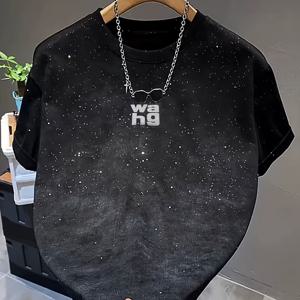 TEMU 재고 보유 스트레치 블랙 여름 신상 남성용 다용도 별하늘 골드 스탬프 레터링 반팔 티셔츠 라이트 럭셔리 탑 하프 슬리브 크루넥 풀오버 코리안 스타일