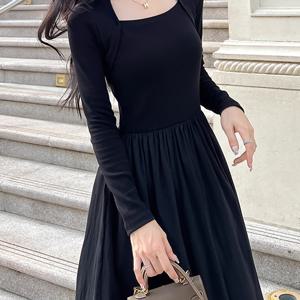 TEMU 2025 봄/가을 신상 페이크 투피스 긴팔 드레스, 패셔너블하고 다재다능한 스퀘어 칼라, 여성용 탄성 슬림 롱 드레스