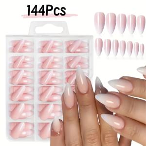 TEMU 144개 롱 아몬드 프레스온 네일 - 핑크 오브레 그라데이션 소프트 젤 인조네일 (파스텔에서 연핑크), 광택 마감, 집에서도 살롱급 매니큐어/페디큐어 가능 - 일상, 웨딩, 파티용, 장시간 지속성, 다양한 사이즈, 내구성 강한 프레스온, 브라이덜 매니큐어