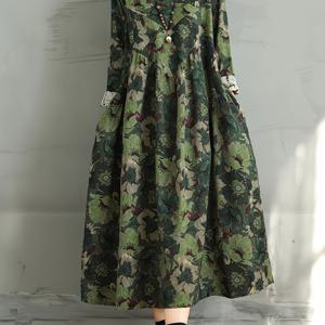 TEMU 봄/가을 신상 레트로 린넨 프린트 라운드넥 긴팔 원피스 여성용 루즈핏 스티칭 A라인 스커트 여성