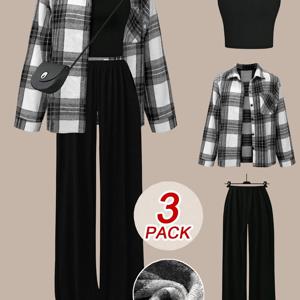 TEMU 여성용 패셔너블 체크 셔츠 탑 3피스 세트 (홀터넥 탑 & 루즈 캐주얼 팬츠 포함)