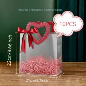 TEMU 그녀/남자를 위한 선물 5/10 하트 모양 투명 프로스트 선물 가방 (빨간 리본 포함) - 내구성이 뛰어난 폴리에틸렌 재질, 발렌타인데이, 칠월장, 결혼식, 기념일에 적합, 소매 포장, 발렌타인데이 장식으로 사용 가능