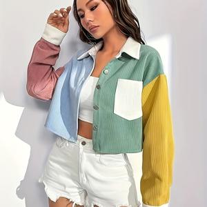 TEMU 우아한 칼라의 스타일리시 컬러블록 플란넬 재킷, 여성용 캐주얼 , 봄, 여름, 가을용, 포켓 디테일 포함, 우아한 컬렉션의 패브릭