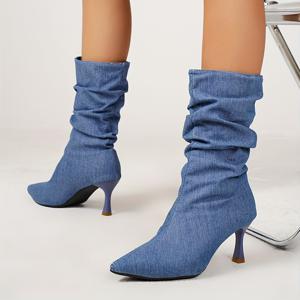 TEMU 여성용 하이힐 스틸레토가 있는 패셔너블한 포인티드 토 주름 부츠, 중목 부츠, 여성 신발