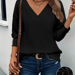 TEMU 플러스 사이즈 - 플러스 사이즈 - 유럽 및 미국에서 제작된 새로운 가을/겨울 플러스 사이즈 단색 V넥 긴팔 버튼 탑