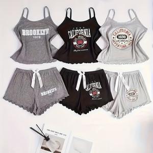 TEMU 패턴 탱크 탑 및 반바지 잠옷 3피스 세트는 이상적인 선택입니다.