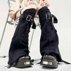 TEMU Y2K 다크 아카데미아 고딕 레그 워머 - 무릎 높이 레이스 스트랩 (레이스 없음), 디스트레스 데님 느낌 단단한 소재, 프린지 없는 가장자리 & 버클 잠금 - 고딕 의상, 콘서트, 테마 파티용 펑크 빅토리안 액세서리 (기계 세탁 가능)