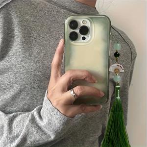 TEMU 휴대폰 케이스: 반투명 화이트 라이트 센싱 그라데이션 그린 체인 케이스, 아이폰 11, 12, 13, 14, 15, 16, 17 프로 맥스 모델 호환, 패셔너블한 여름 스타일 완성, 할로윈, 크리스마스, 생일, 친구, 친척, 비즈니스 파트너 선물로 이상적 ~ HL 화이트 라지 홀 IMD - 화이트 - 그라데이션 그린 756GZ + G23 참