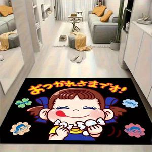 TEMU 사랑스러운 만화 소녀 페코짱 패턴 프린트 플란넬 바닥 매트/러그, 현관, 욕실, 세탁실, 사무실, 침실, 놀이방에 적합. 컴퓨터 의자 매트, 소파 발 매트, 캐비닛 에리어 러그로도 사용 가능, 따뜻한 장식을 더하고 집안 분위기를 향상시킴