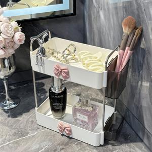 TEMU 4개 세트 (1개 이중 레이어 수납 상자 + 2개 리본 + 1개 작은 토끼) 귀여운 라이트 럭셔리 세면대 화장품 수납 랙 이중 레이어 선반