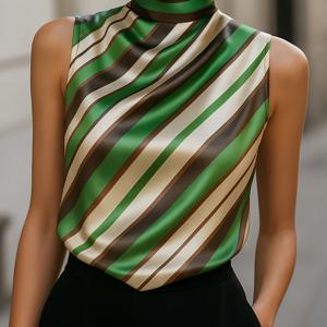 TEMU 프렌치 스타일 엘레강스 디자인 통근용 스몰 라펠 프린트 새틴 민소매 여성 블라우스 + Nian Nian