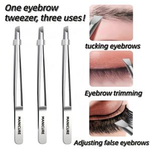 TEMU 3개입 프린트 스테인리스 스틸 눈썹 족집게 제모용, 눈썹 및 얼굴 털 관리 도구용 기울어진 팁