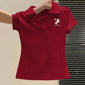 TEMU 새로운 말 패턴 프린트 여성용 폴로 칼라 반팔 슬림 셔츠, 작은 V넥 라펠 반팔, 데일리 캐주얼 다용도 슬림 핫 스타일