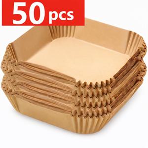 TEMU 50/100/200장 사각형 무표백 논스틱 에어프라이어 베이킹 페이퍼, 일회용 베이킹 팬 라이너, 사전 절단 고강도 베이킹 페이퍼, 내열성 스플래시 가드 디자인, 에어프라이어, 오븐, 프라이팬, 그릴, 감자튀김용