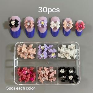 TEMU 30개/박스 카와이 Y2k 스위트 핑크 화이트 블랙 로즈 레드 나비매듭 네일 아트 액세서리 3D 하트 라인스톤 리본 보석 장식참 DIY 공주 발레 사각형 원형 아몬드형 타원형 손톱 장식품 매니큐어 살롱 부품